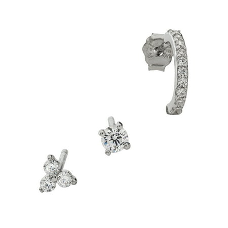 Brilliance Women's Sterling Silver Triangle, Round with Bar & Round Cubic Zirconia Earrings 3pc Set