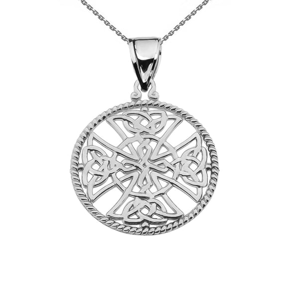Sterling Silver Trinity Knot Celtic Cross In A Round Rope Frame Pendant Necklace, 16" Chain