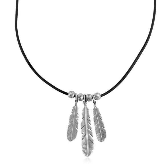Sterling Silver Triple Feather Black Genuine Leather Necklace, 17 -20 Inches