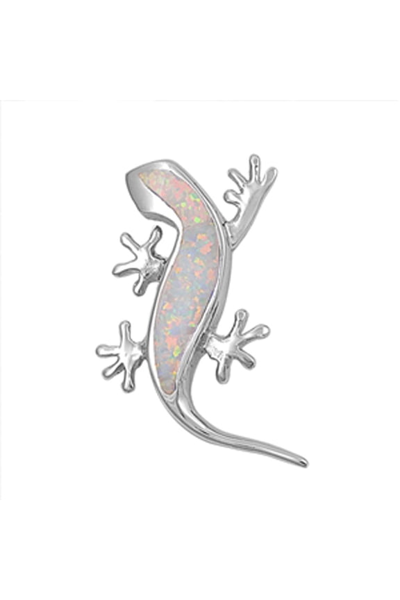 Sterling Silver Tropical Climbing Gecko Lizard Pendant White Simulated Opal Jewelry Female Unisex