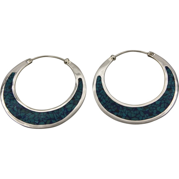 Sterling Silver Turquoise Chip Inlay Large Hoop Earrings