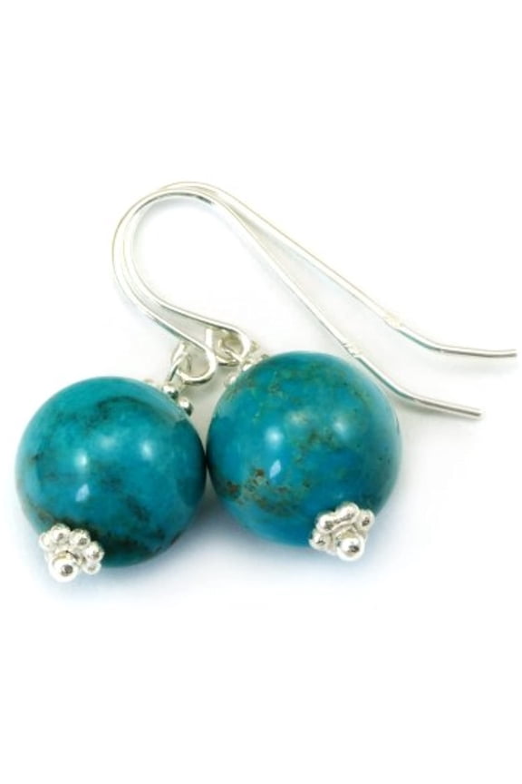 Sterling Silver Turquoise Earrings Stones Round Cut Beaded Accents Simple Drops