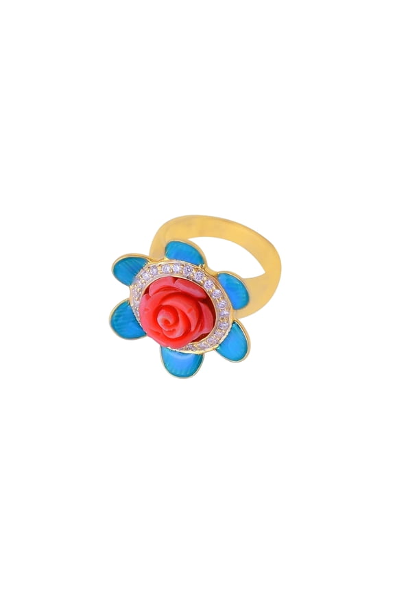 Sterling Silver Turquoise Enamel Coral Flower Ring, Unique Statement Ring, Gift For Wife