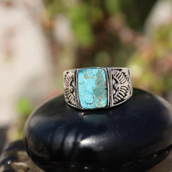 Sterling Silver Turquoise Ring Handmade Men's Tribal Statement Jewelry with Oxidized Finish