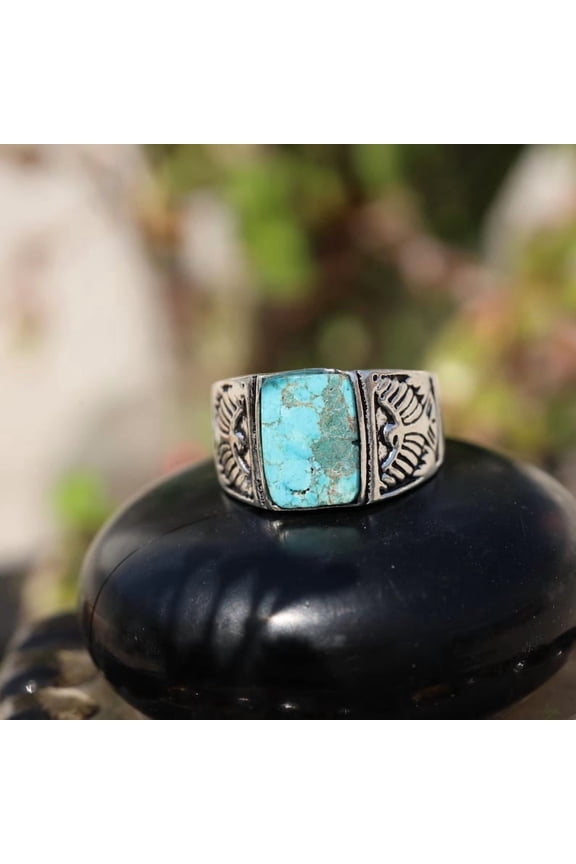 Sterling Silver Turquoise Ring Handmade Men's Tribal Statement Jewelry with Oxidized Finish
