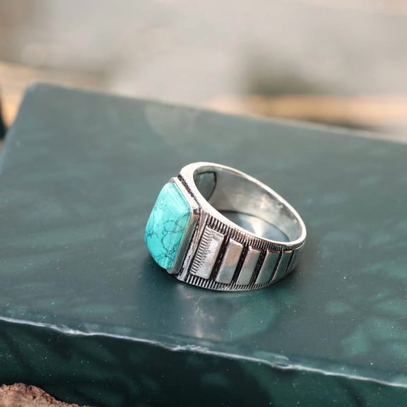 Sterling Silver Turquoise Ring Handmade Mens Silver Band With Unique Stone Patterns