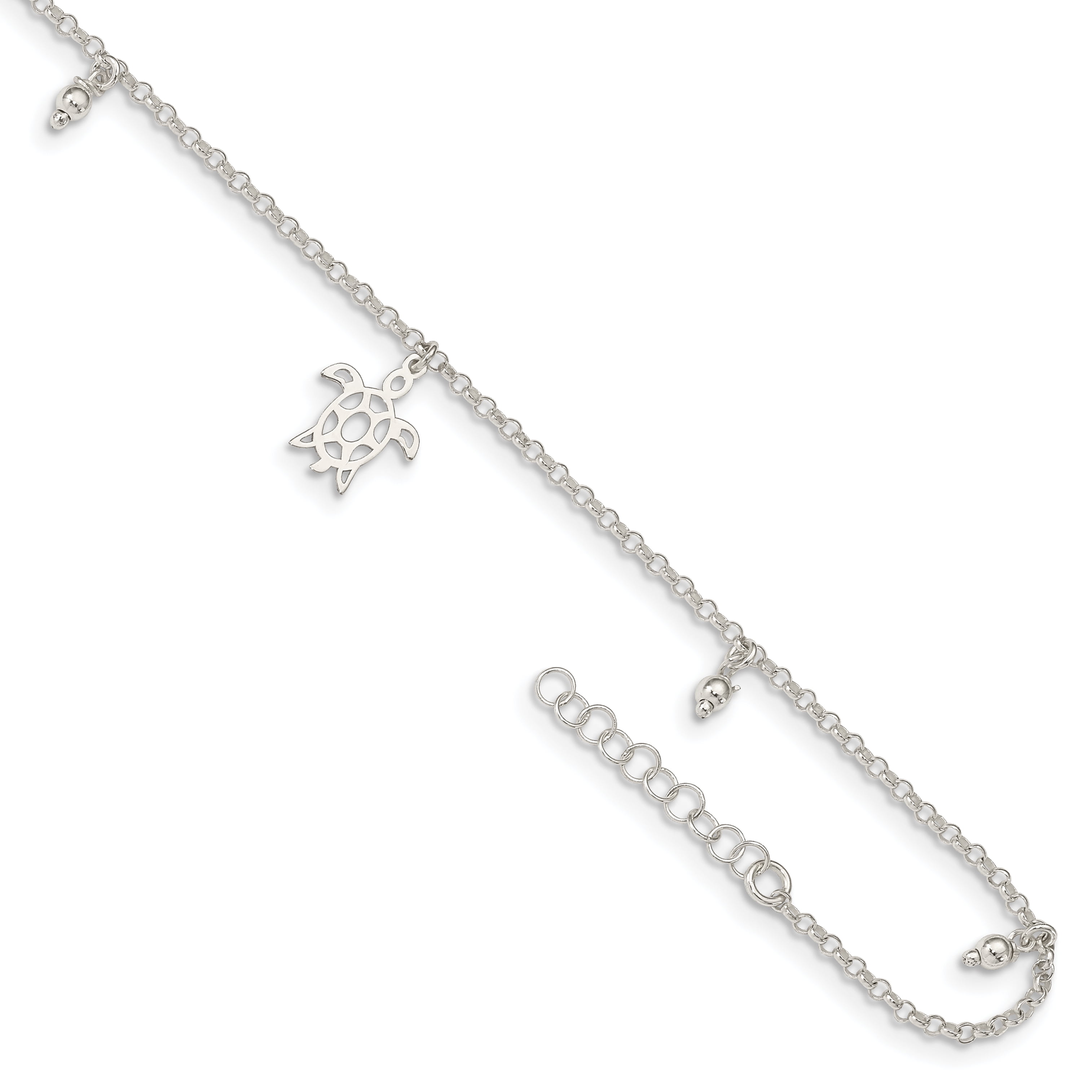 Sterling Silver Turtle & Dangle Beads with 1in Extender Anklet