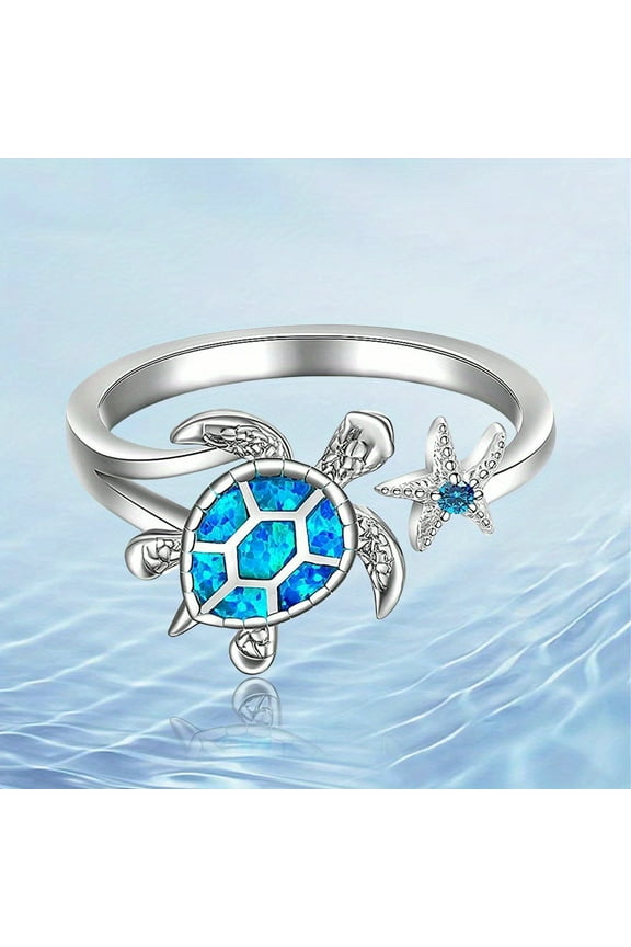 Sterling Silver Turtle Ring Starfish Blue Opal Rings Adjustable Band Sea Turtle Jewelry Longevity Gifts