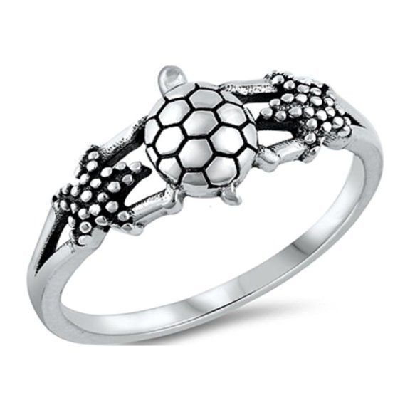 Sterling Silver Turtle and Starfish Ring Size 4