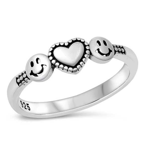 Sterling Silver Two Happy Faces With Heart Ring Size 10