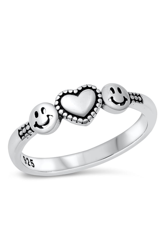 Sterling Silver Two Happy Faces With Heart Ring Size 9