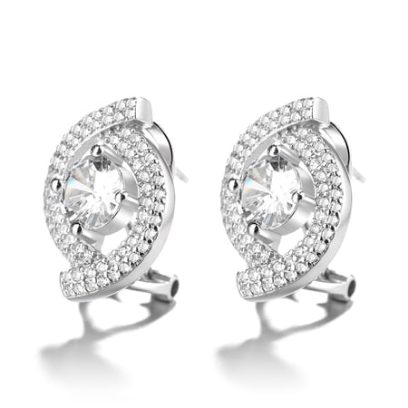 14K White Gold Plated Two Row Halo Omega Backing Earrings