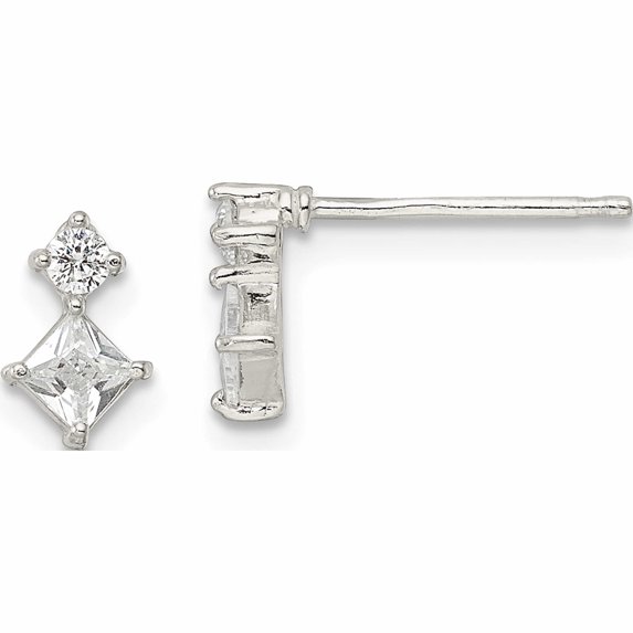 Sterling Silver Two Square Cz Post Earrings (7.9 X 5.1) Made In India qe16176