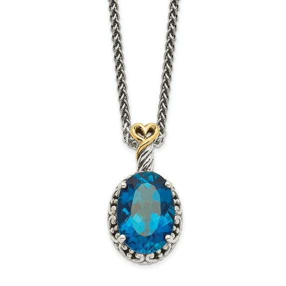 Sterling Silver Two Tone Silver And Gold Plated Sterling Silver w/14ky London Blue Topaz Oval Necklace