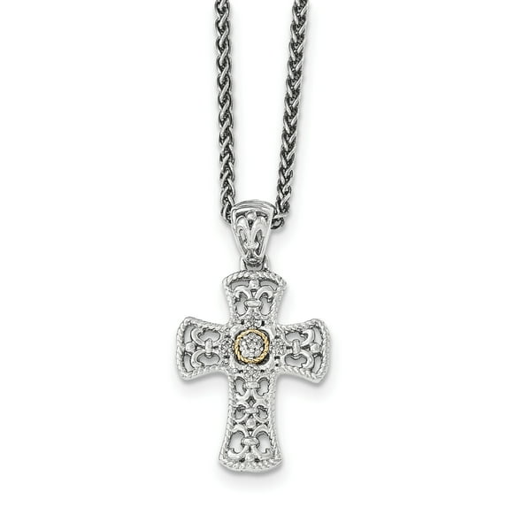 Sterling Silver Two Tone Silver And Gold Plated Sterling Silver w/Diamond Cross Necklace