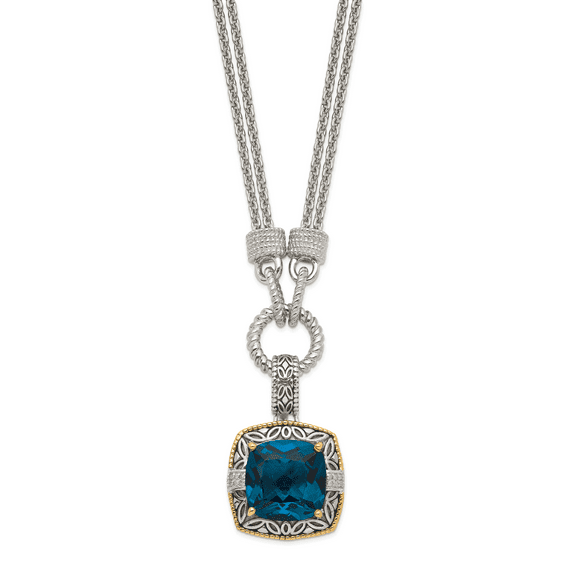Sterling Silver Two Tone Silver And Gold Plated Sterling Silver w/London Blue Topaz & Diamond 1in. Ext. Necklace