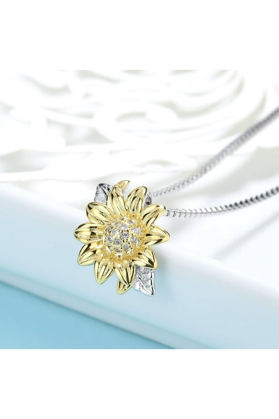 Sterling Silver Two Tone Crystal Sunflower Necklace, 18 in Cable Chain