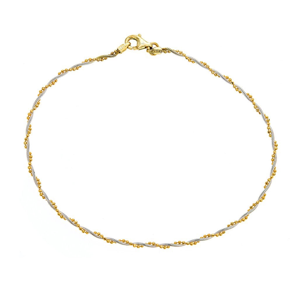 Sterling Silver Two-Tone Yellow and White Twisted Snake Bead Italian Foot Chain Anklet 10"