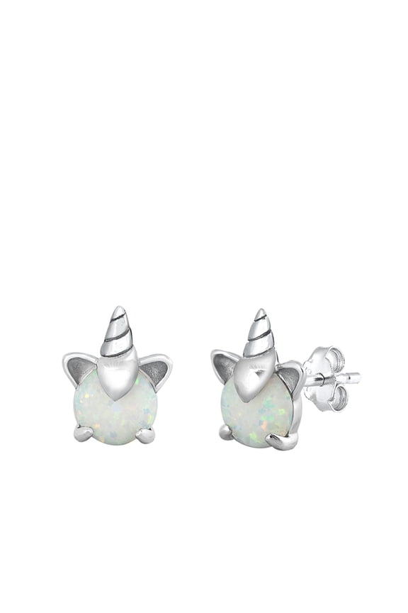Sterling Silver Unicorn Mythical Creature Fantasy Earrings White Simulated Opal Jewelry Female