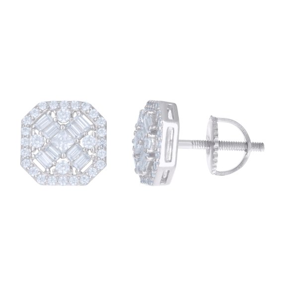Sterling Silver Unisex Baguette Cubic-Zirconia Octagon Fashion Stud Earrings