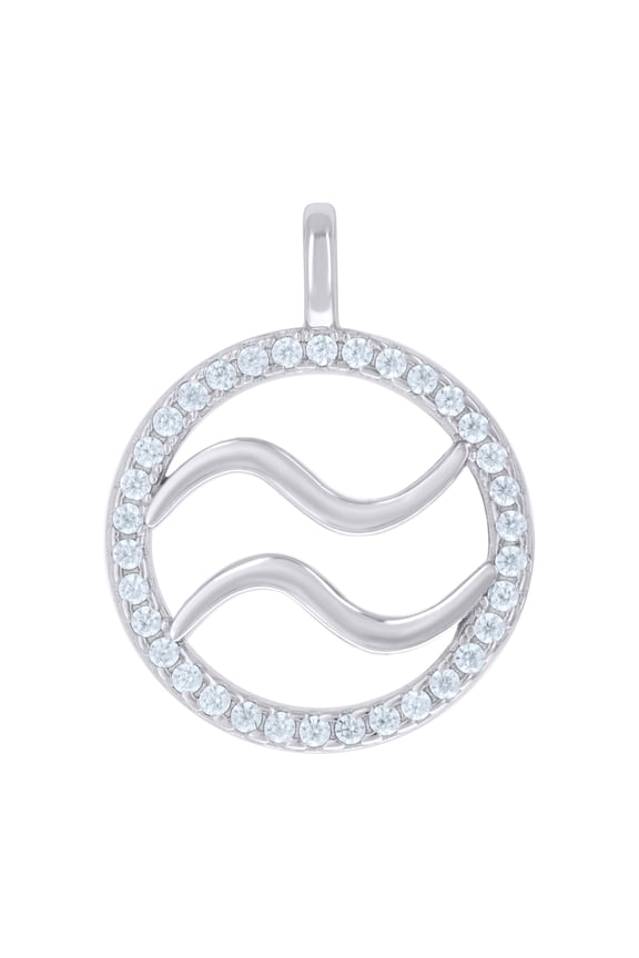 Sterling Silver Unisex Cubic-Zirconia Aquarius Zodiac Sign Charm Pendant