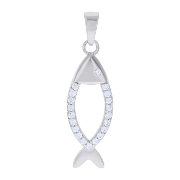 Sterling Silver Unisex Cubic Zirconia Fish Charm Pendant