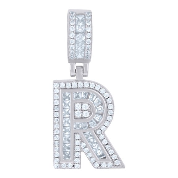 Sterling Silver Unisex Round & Baguette Cubic-Zirconia Initial Alphabet R Pendant Charm