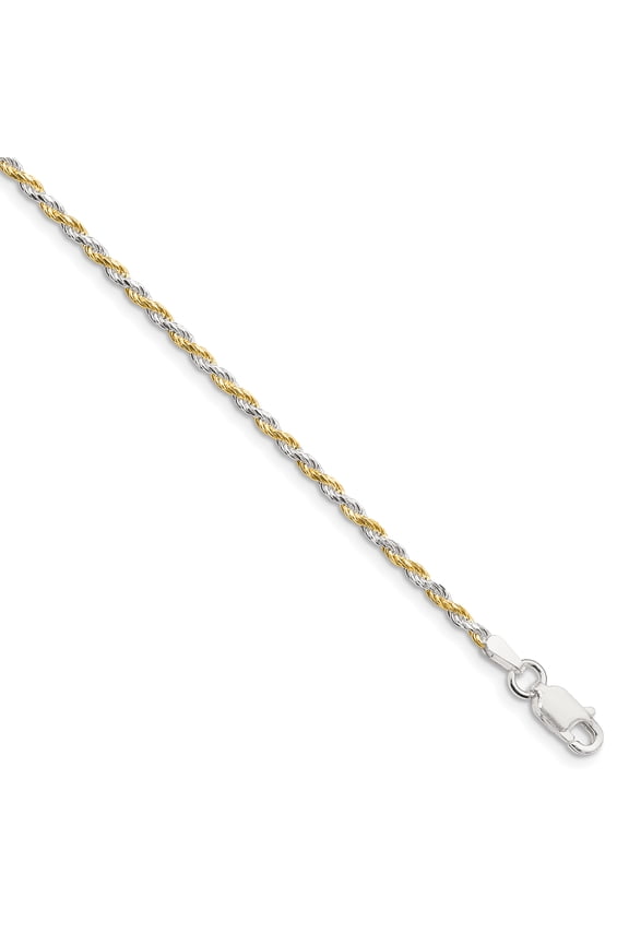 Sterling Silver & Vermeil 1.85mm Diamond Cut Rope Chain Bracelet Size 7