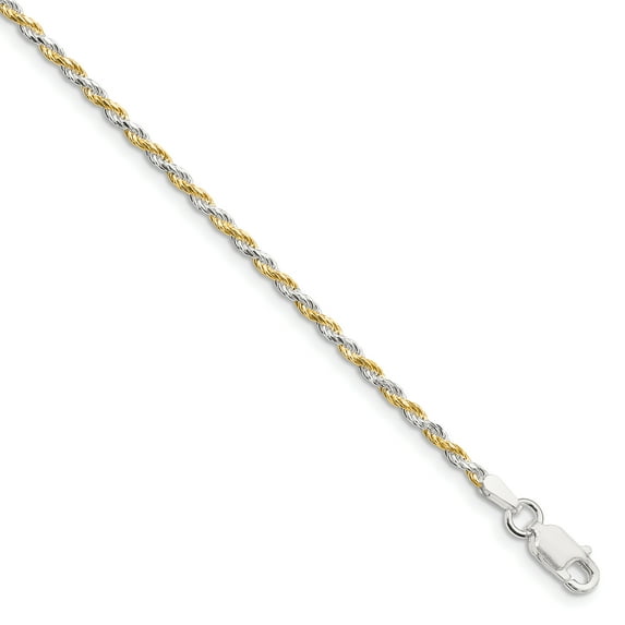 Sterling Silver & Vermeil 1.85mm Diamond Cut Rope Chain Bracelet Size 8