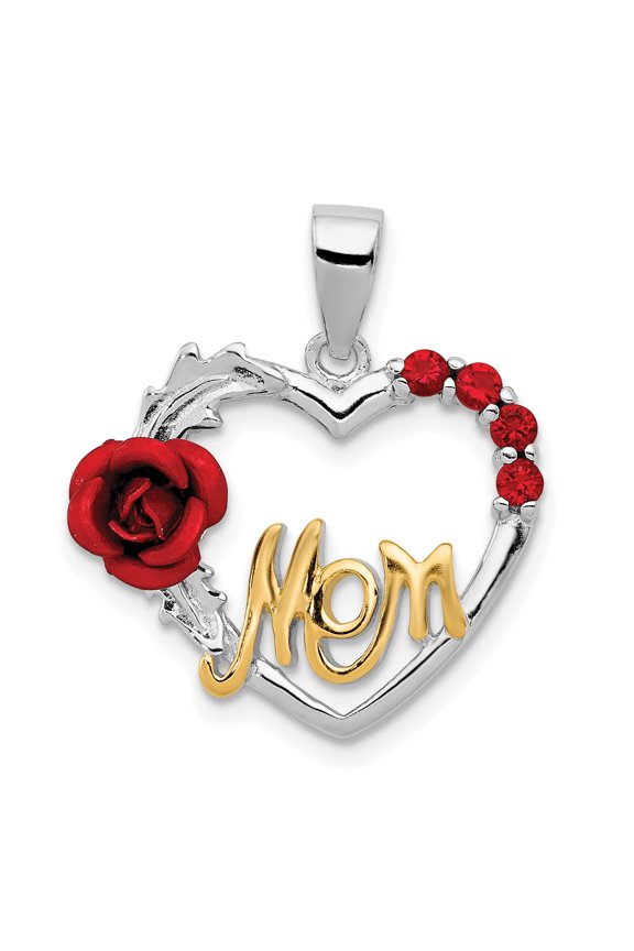 Sterling Silver Vermeil Red Flower & Cubic Zirconia Mom Pendant