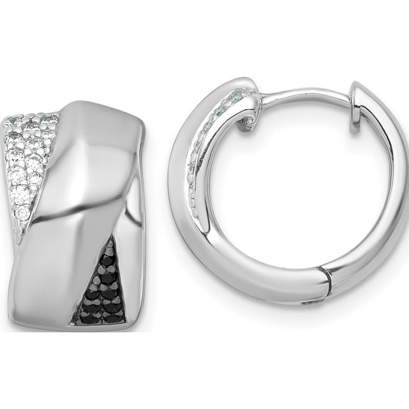Sterling Silver Vibrant, Unique, Heirloom Cubic Zirconia (Cz) Multi-Color 14.8 Mm Rhodium-Plated Polished Black And White Cz Round Hinged Hoop Earrings