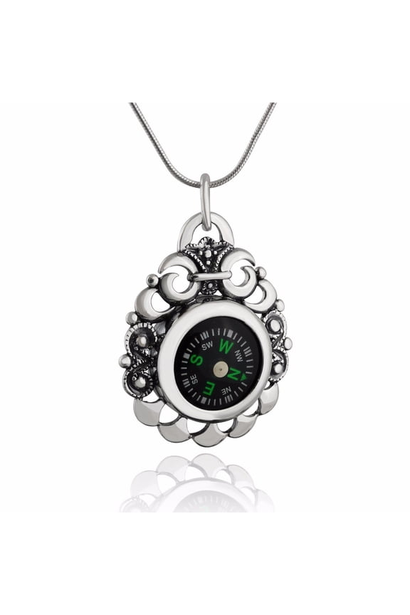Sterling Silver Victorian Scroll Working Compass Pendant Necklace, 18 Inch Snake Chain