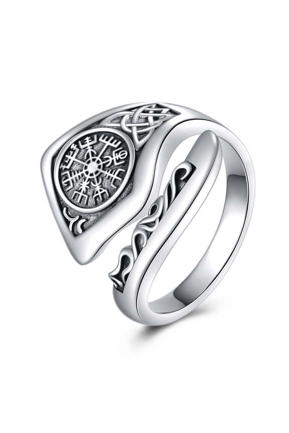 Sterling Silver Viking Compass Vegivisir Spoon Ring Vintage Norse Thumb Rings Boho Adjustable Open Pirate Ring Jewelry Gifts for Women Men