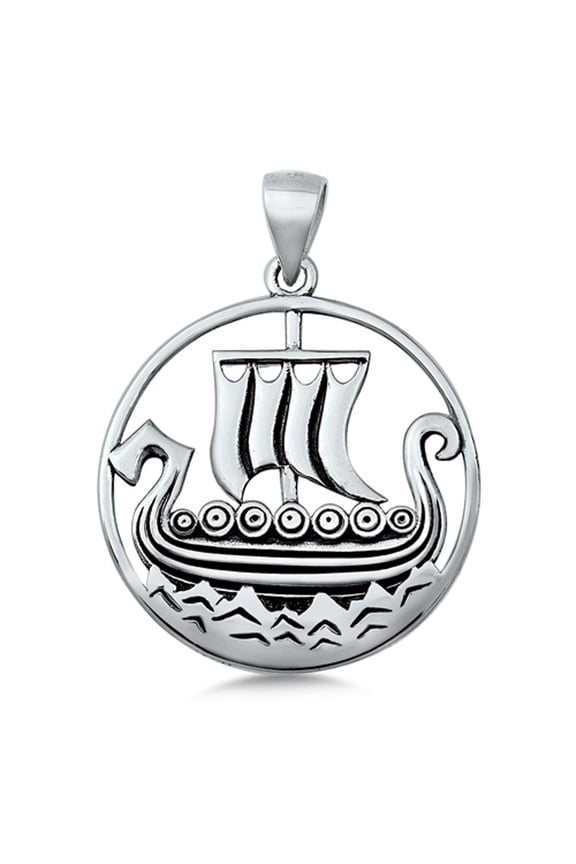 Sterling Silver Viking Ship Longship Pendant Ocean Waves Hoop Cutout Charm 925 Jewelry Female Unisex