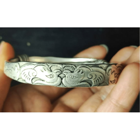 Sterling Silver Vintage Antiqued Cuff Bangle Bracelet, Adjustable Bangle Nepalese Indian inspired Jewellery Buddhist amulet Minimalist fs162