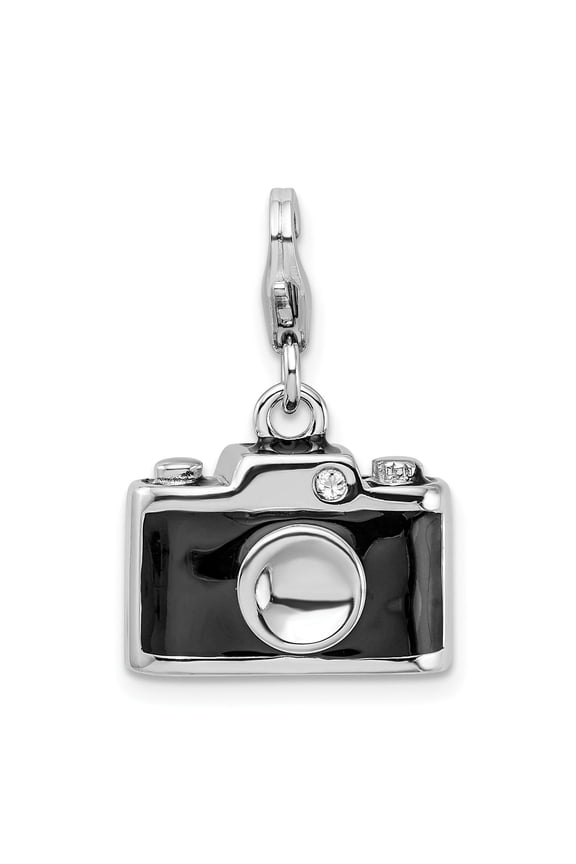 Sterling Silver Vintage Camera Pendant Charm with Black Enamel and Cubic Zirconia