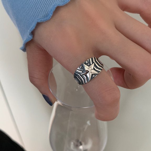 Sterling Silver Vintage Distressed Pentagram Ring Adjustable Opening Womens Style Fashion Jewelry