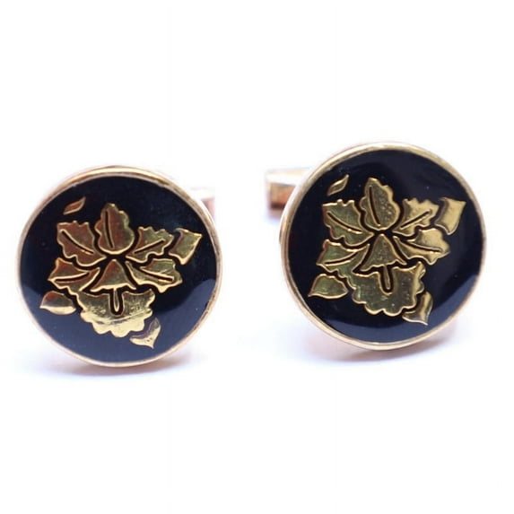 Sterling Silver Vintage Flower Black Enamel Sterling Silver Gold Cufflink
