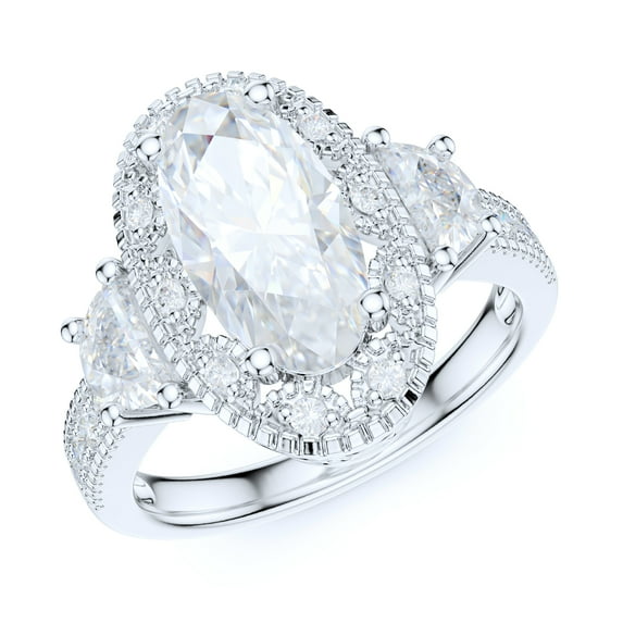 Sterling Silver Vintage Milgrain 3CT Simulated Oval Cut & Half Moon Stone Diamond Halo Engagement Ring (5.5)