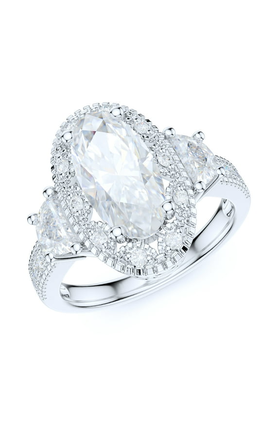 Sterling Silver Vintage Milgrain 3CT Simulated Oval Cut & Half Moon Stone Diamond Halo Engagement Ring (6)