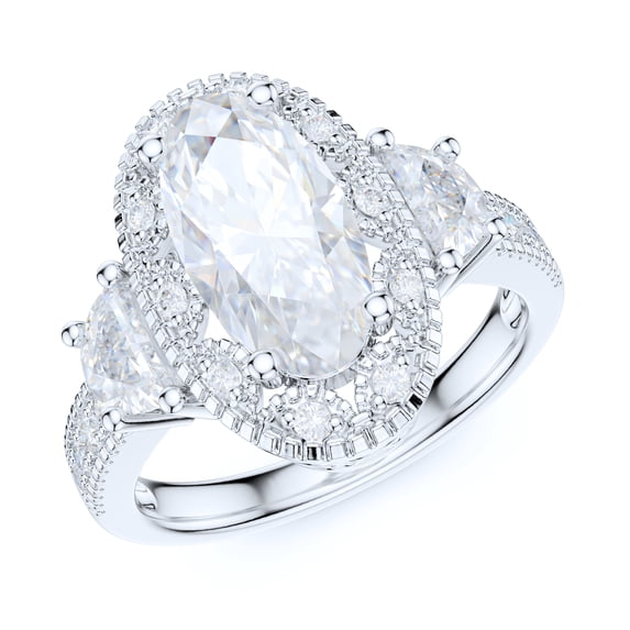 Sterling Silver Vintage Milgrain 3CT Simulated Oval Cut & Half Moon Stone Diamond Halo Engagement Ring (9)