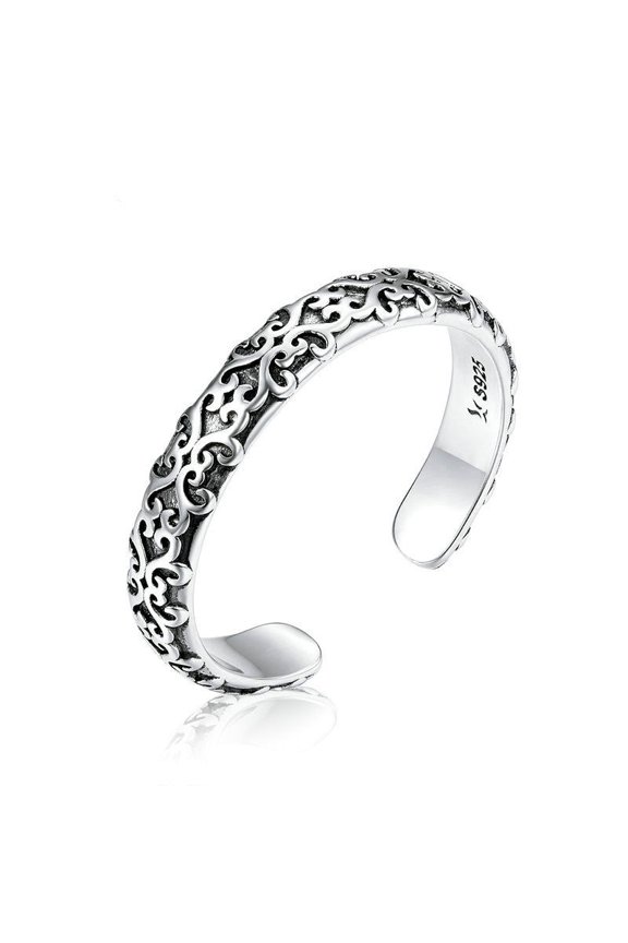 Sterling Silver Vintage Pattern Ring: Adjustable Geometric Design, European and American Style for Women