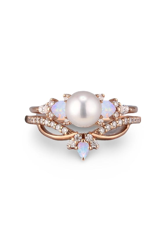 Sterling Silver,Vintage Pearl Opal & Cubic Zirconia Diamond Ring Set for Women