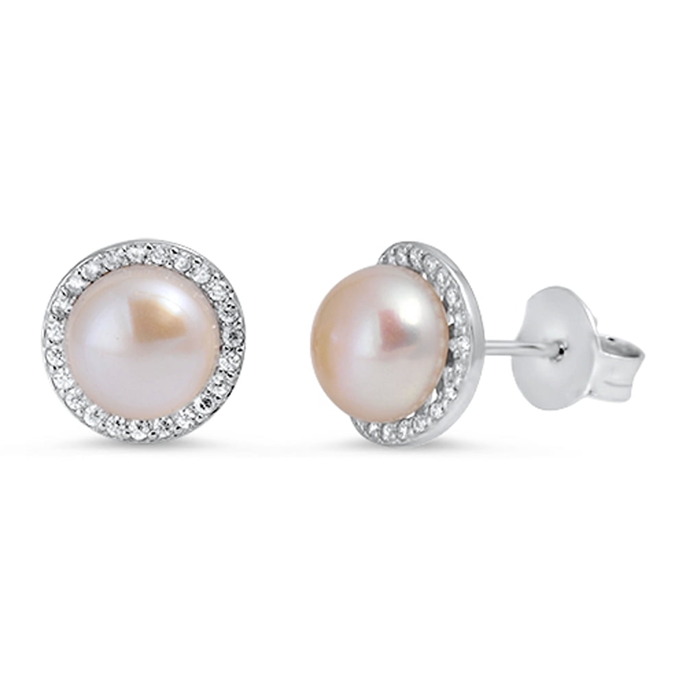 Sterling Silver Vintage Style Eternity Halo Earrings Simulated Mother of Pearl Clear CZ Female