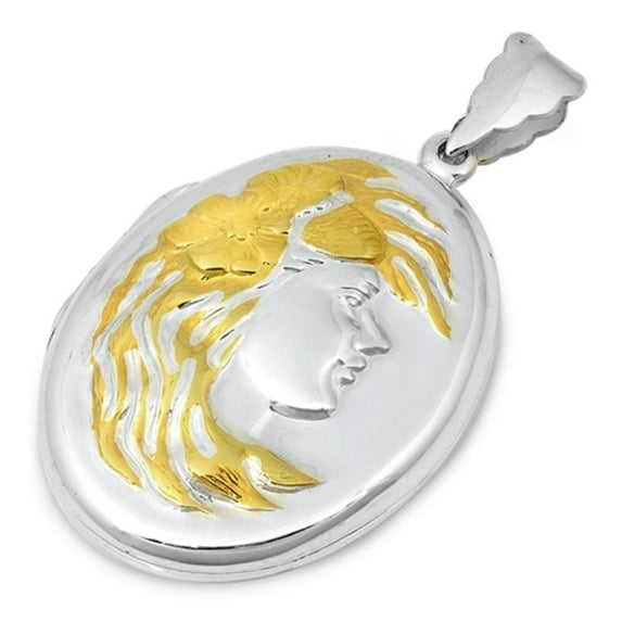 Sterling Silver Vintage Style Locket Pendant Cameo Gold-Tone Woman Oval Charm 925 Jewelry Female