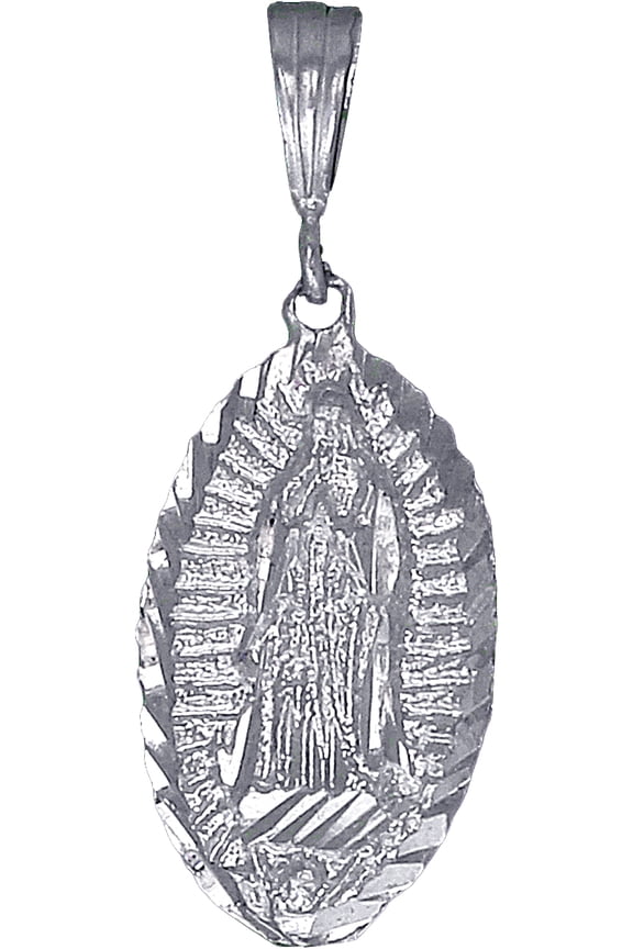 Sterling Silver Virgin Mary Pendant Necklace Medallion with Diamond Cut Finish and Chain