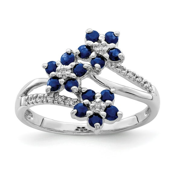 Sterling Silver Rhodium-plated 3 Flower Sapphire and Diamond Ring QR6380S