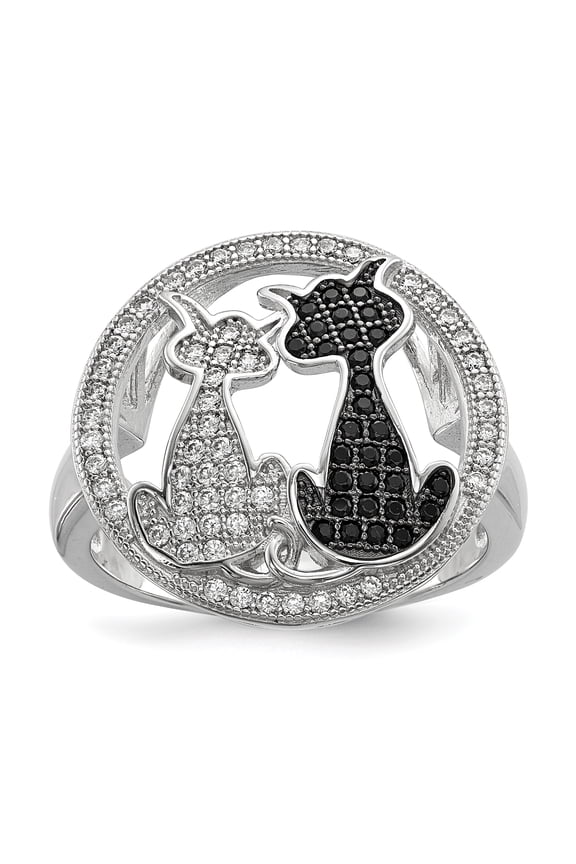 Brilliant Embers Sterling Silver Rhodium-plated 87 Stone Micro Pav� Black and White CZ Polished Cat Ring
