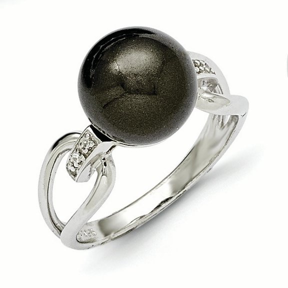Majestik Sterling Silver  10-11mm Black Shell Bead & CZ Ring
