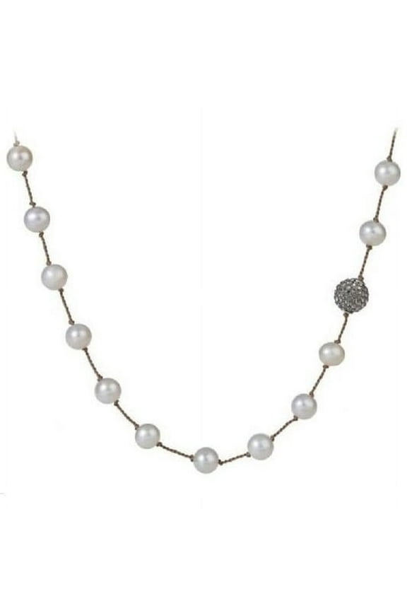 Sterling Silver WENDY BRIGODE 7.5MM FRESH CULTURED PEARL CRYSTAL BALL TIN CUP NECKLACE W/ SS EXTENDER HEART CLASP